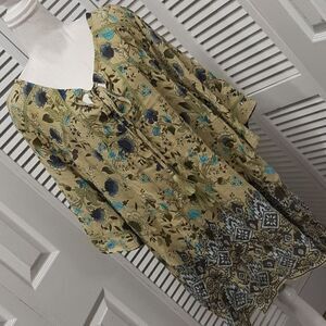 Evans Green and Blue Print Flowy Shirt with Tassels NWOT